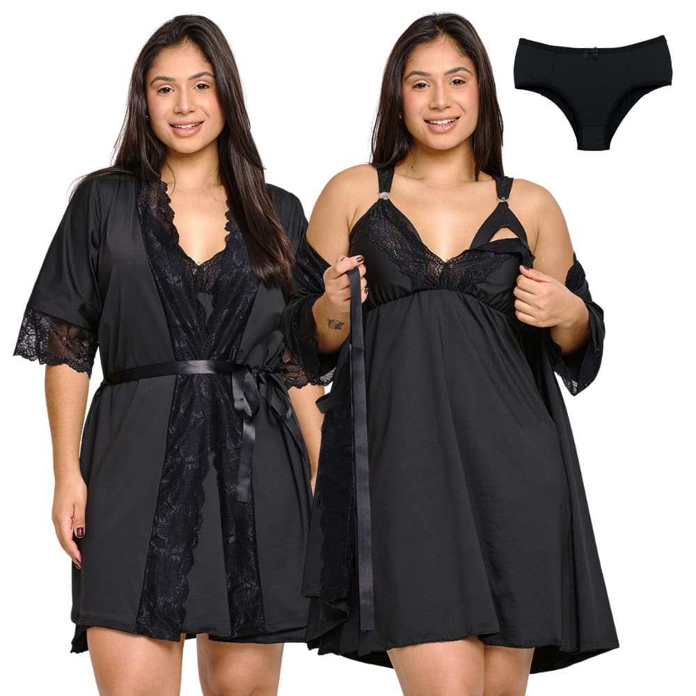 Kit Gestante Camisola Amamentação Calcinha Pós Parto mais Robe | 310.850.009