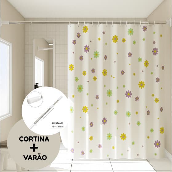 Kit Cortina de Box para Banheiro com Varão Extensível Suporte Ganchos e Tecido Antimofo Várias Cores