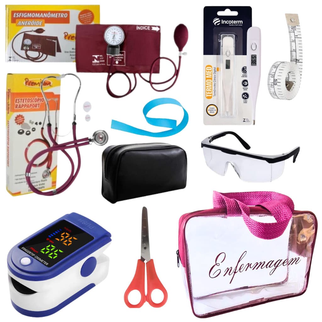 Kit Enfermagem Aparelho de Pressão + Estetoscópio Completo + Oximetro + Nécessaire Vinho Preto