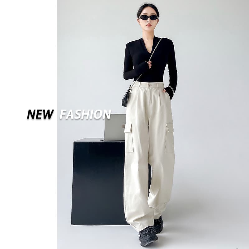 Macacão feminino 2023 novo estilo outono cintura alta em linha reta solta Casual calças brancas americano perna larga Je