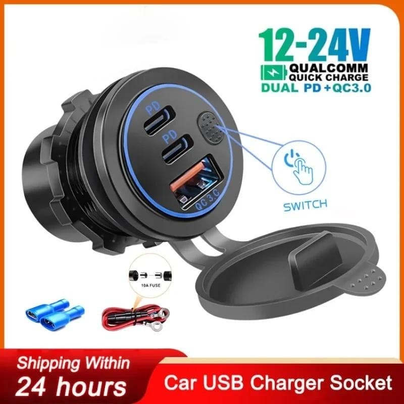 Carregador De Carro Tomada De Energia Duplo QC3.0 Usb & PD3.0 Carregamento Rápido Com Voltímetro Led À Prova Dwaterproof
