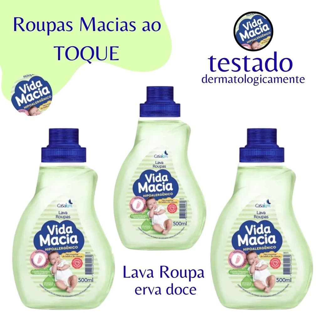 kit 3 Lava Roupa de roupa Erva Doce Líquido de bebê Vida Macia 500ml cada Sabão Hipoalergênico