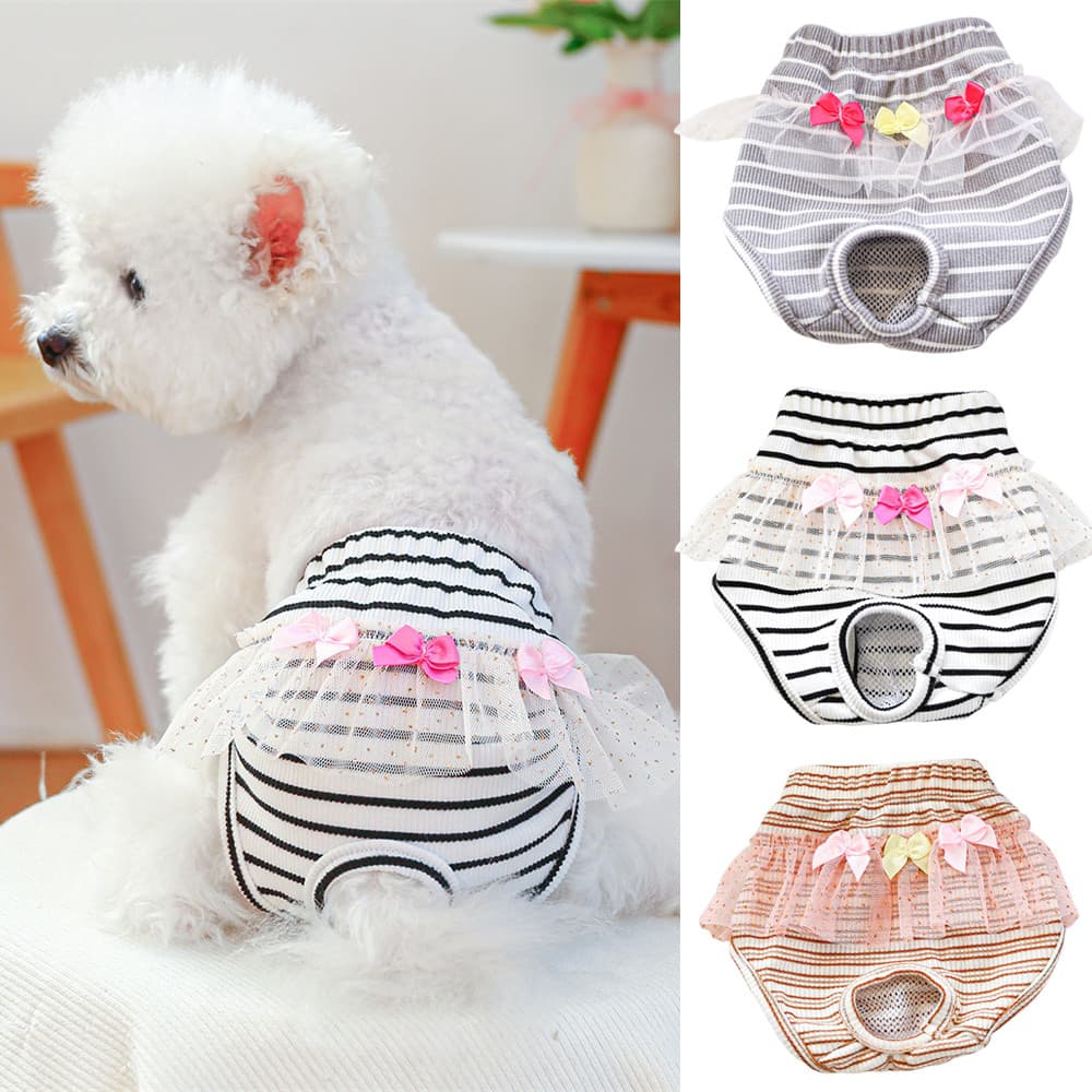 Listrado Filhote De Cachorro Curto Com Renda Primavera Outono Calças Fisiológicas Para Animais De Estimação Cães Pequeno