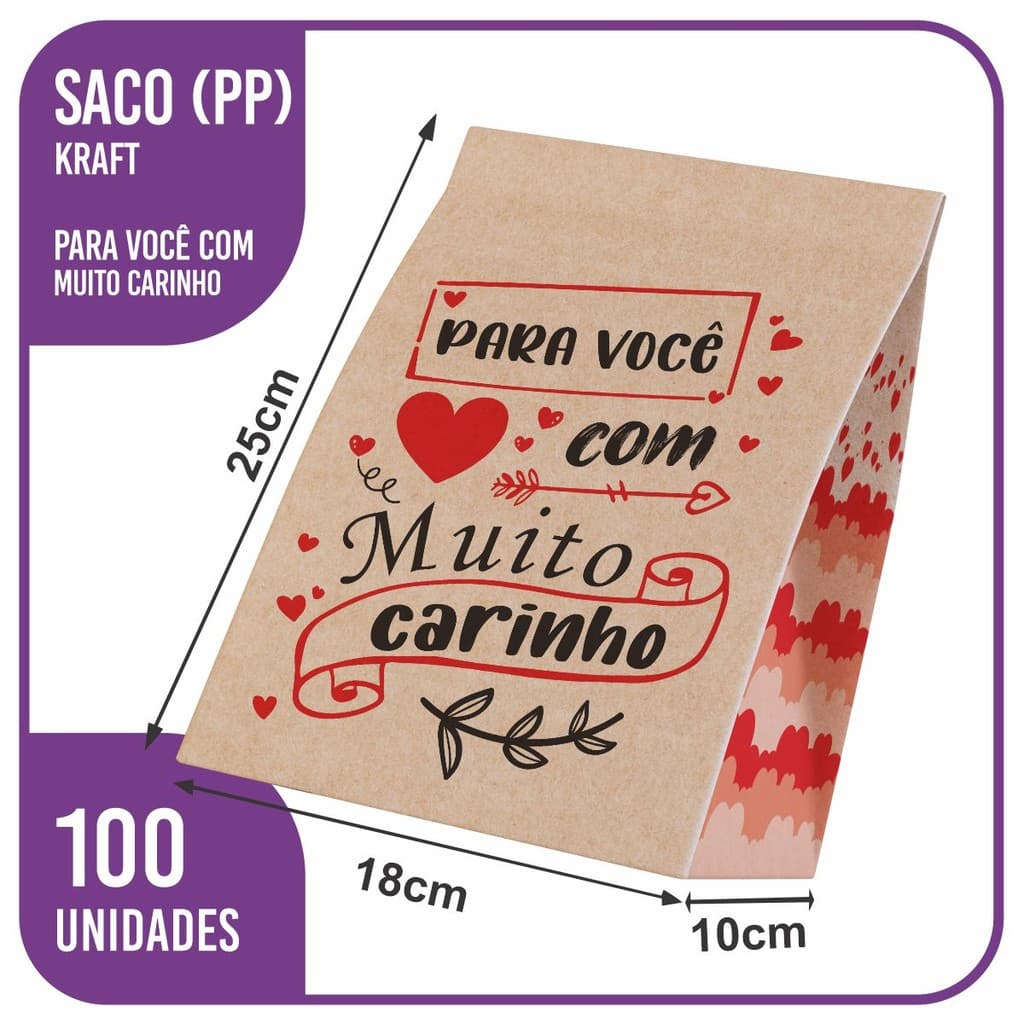 Saco Kraft PP 18x10x25 Com Muito Carinho (MC) - 100 Unidades