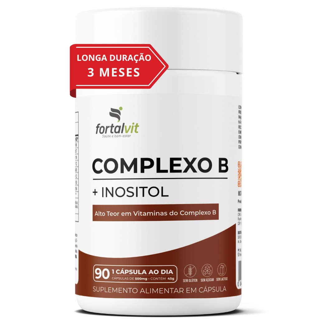 Complexo B + Inositol Longa Duração: 3 Meses de Uso, 90 cáps Alta Concentração B1, B2, B3, B5, B6, B7, Fortalvit