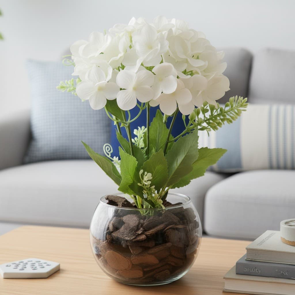 Decoração Arranjo Buque Hortensias Vaso Plantas Artificial
