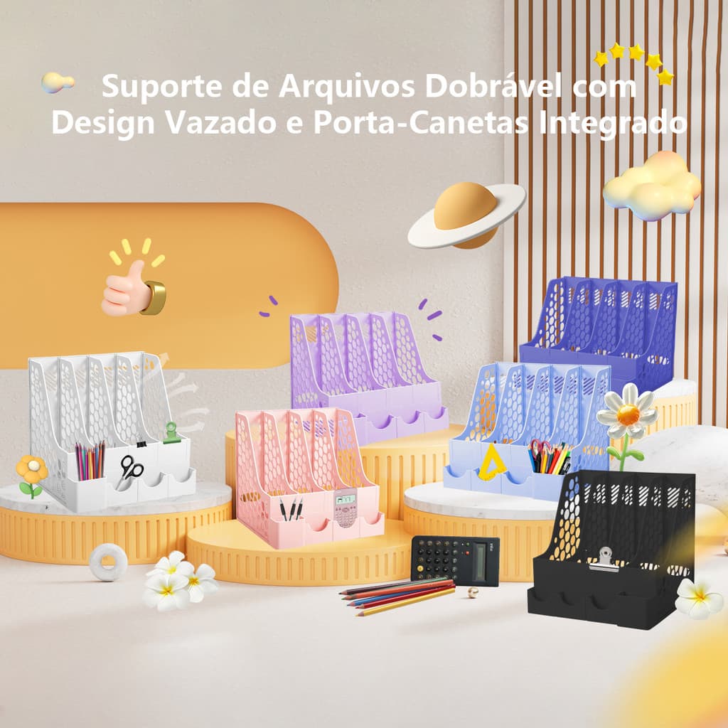 Organizador de Mesa - Porta-Papéis e Livros 3/4 Divisórias + Porta-Trecos - Cores Diversas + Figurinhas Adesivas