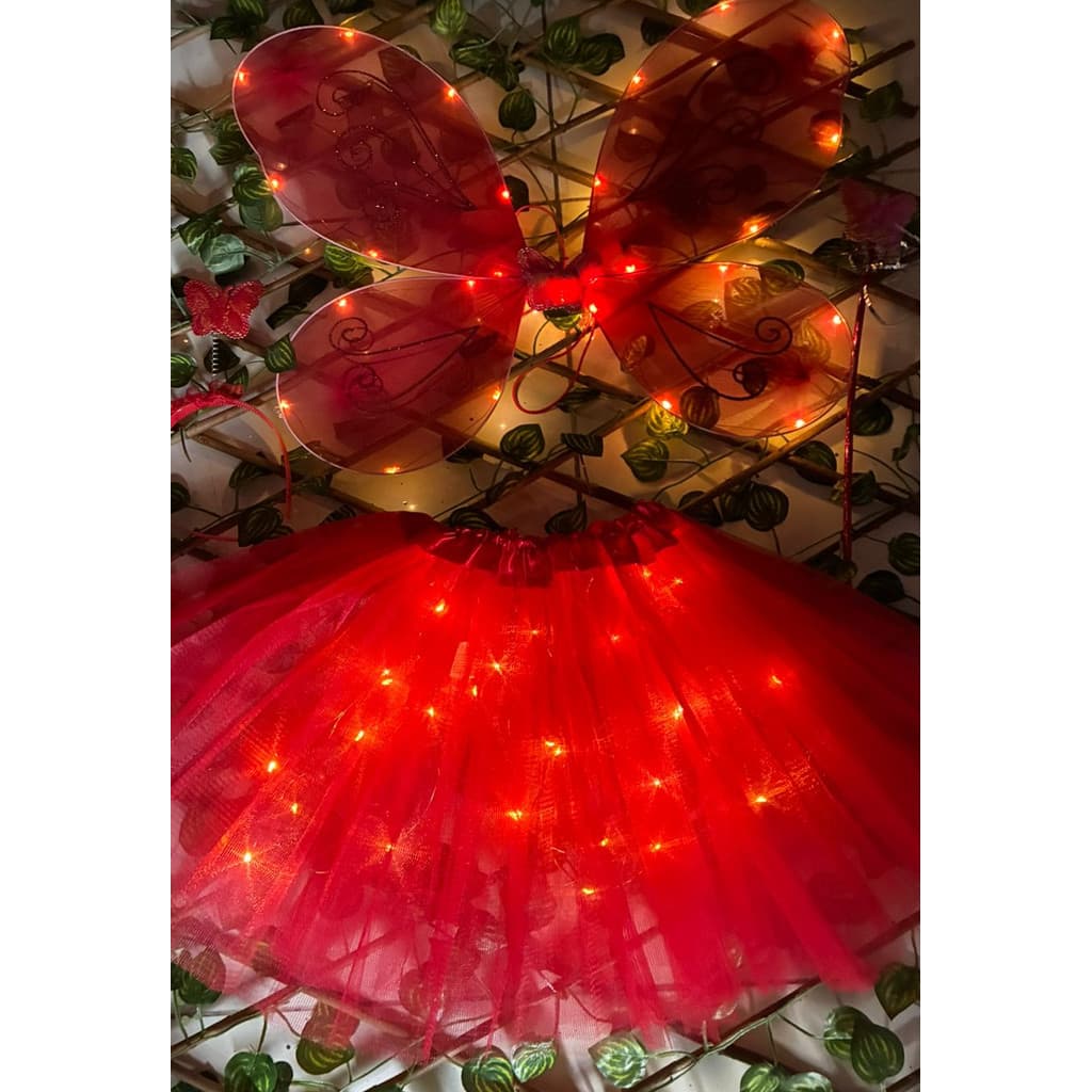 Kit Asa Borboleta + Saia LED Pisca + Varinha +Tiara