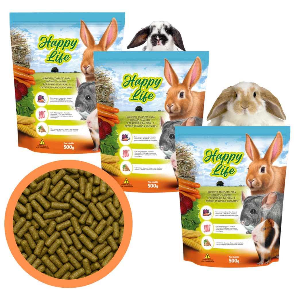 Kit 3 un - Ração para Coelho, Chinchila e Porquinho da Índia Happy Life 500g