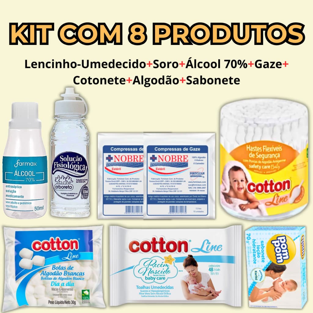 Kit Toalha Umedecida Higiene Bebê Recém-Nascido Kit C/ 8 Itens Cotonete+Soro+Gaze