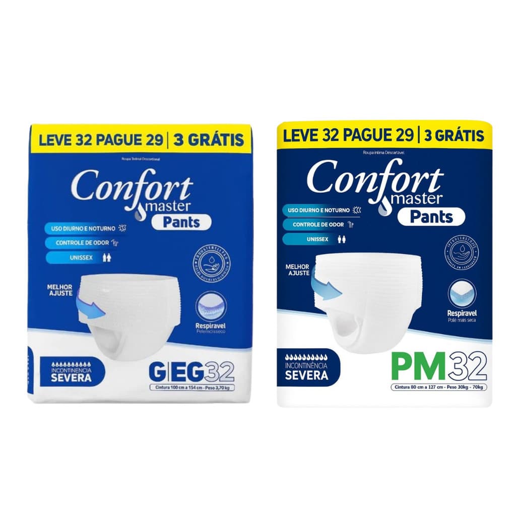 KIT 2 PCT Fralda Calça Geriátrica Confort Master Pants C/ 32 Unidades - P/M e G/EG