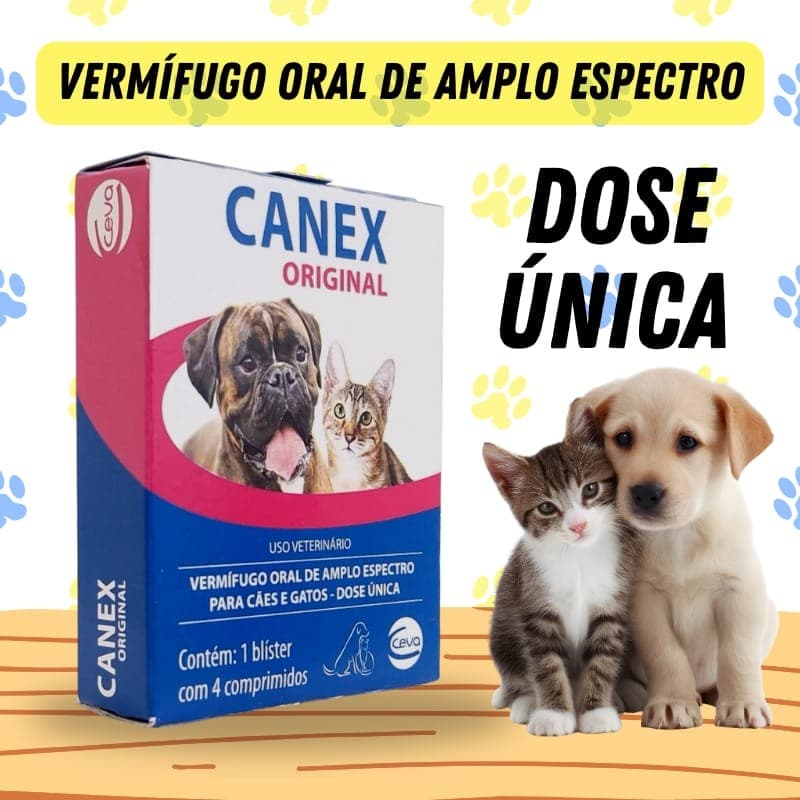 Canex Vermifugo Original Cachorro Gato - 4 Comprimidos Anti Vermes Dose Unica