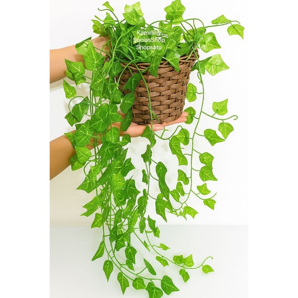 Planta Decorativa 2M + Vaso Trançado Marrom 1 Pendentes Artificial Folhas de Hera Verde