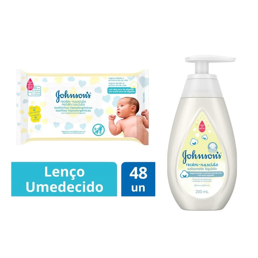 Kit Johnson's Baby Recém Nascido Toalhinhas  48 unidades + Sabonete Líquido 200ml - Envio imediato
