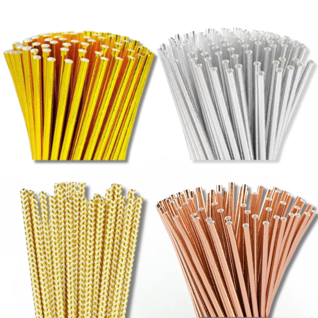 Canudo de papel Rose Gold Dourado Prata Liso Metálico decoração festa biodegradável