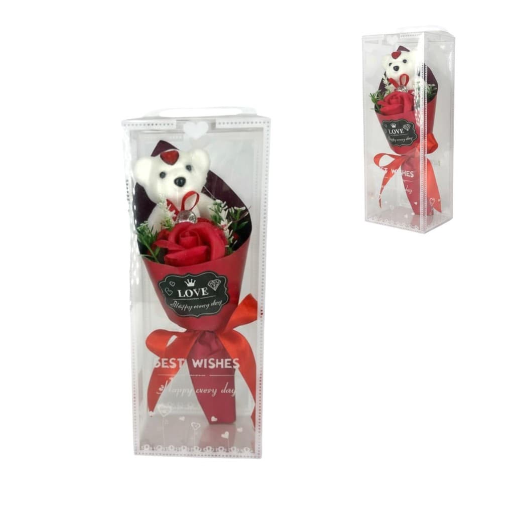 Buquê de Botão Flor Com Ursinho na Caixa Para Presente Dia das Mães Artificial Textura em Sabonete