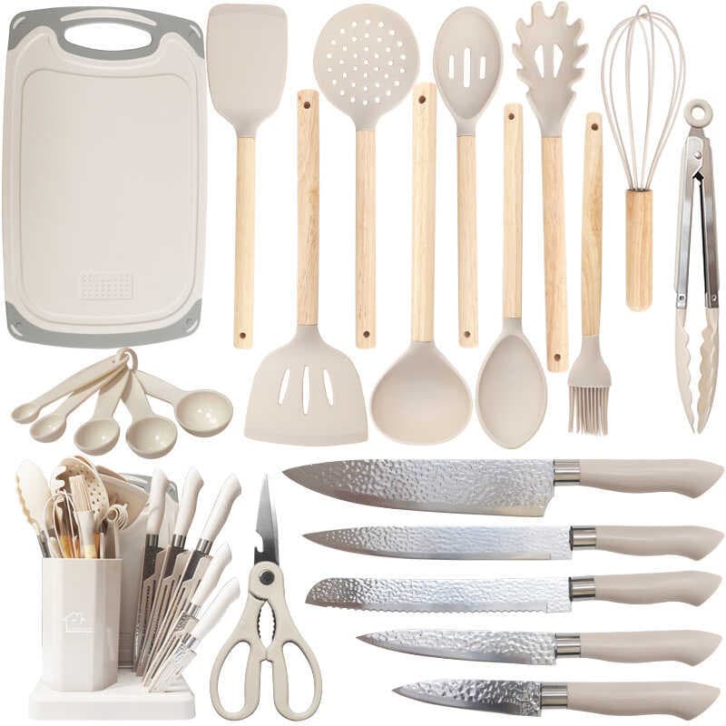 Kit Completo Jogo de Cozinha Luxo 19 Peças Com Tábua em Silicone Espátula Faca Tesoura Utensílios