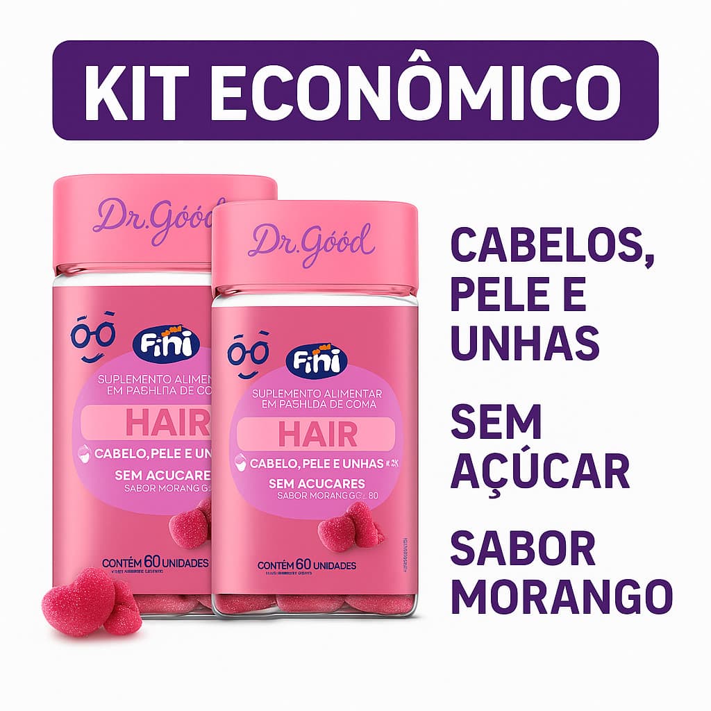 Kit 2x Dr. Good Hair Fini 60 Gomas | Cabelos, Pele e Unhas | Sem Açúcar | Sabor Morango
