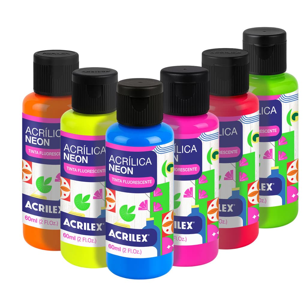 Tinta Acrílica Neon Fluorescente 60ml – 6 Cores | Artesanato, MDF, Papel, Gesso
