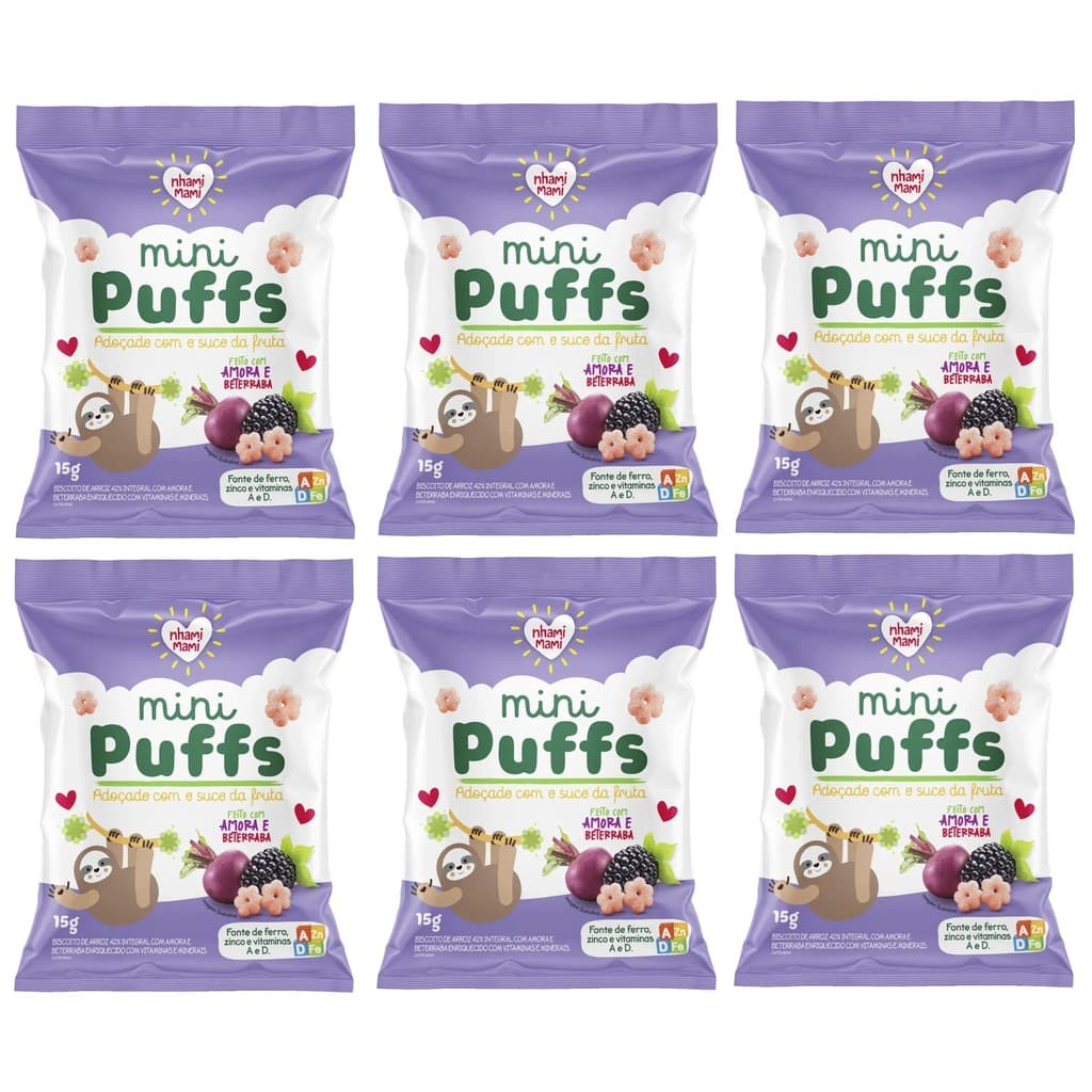 Biscoito Mini Puffs Snack Amora E Beterraba 6x15g Nhami Mami