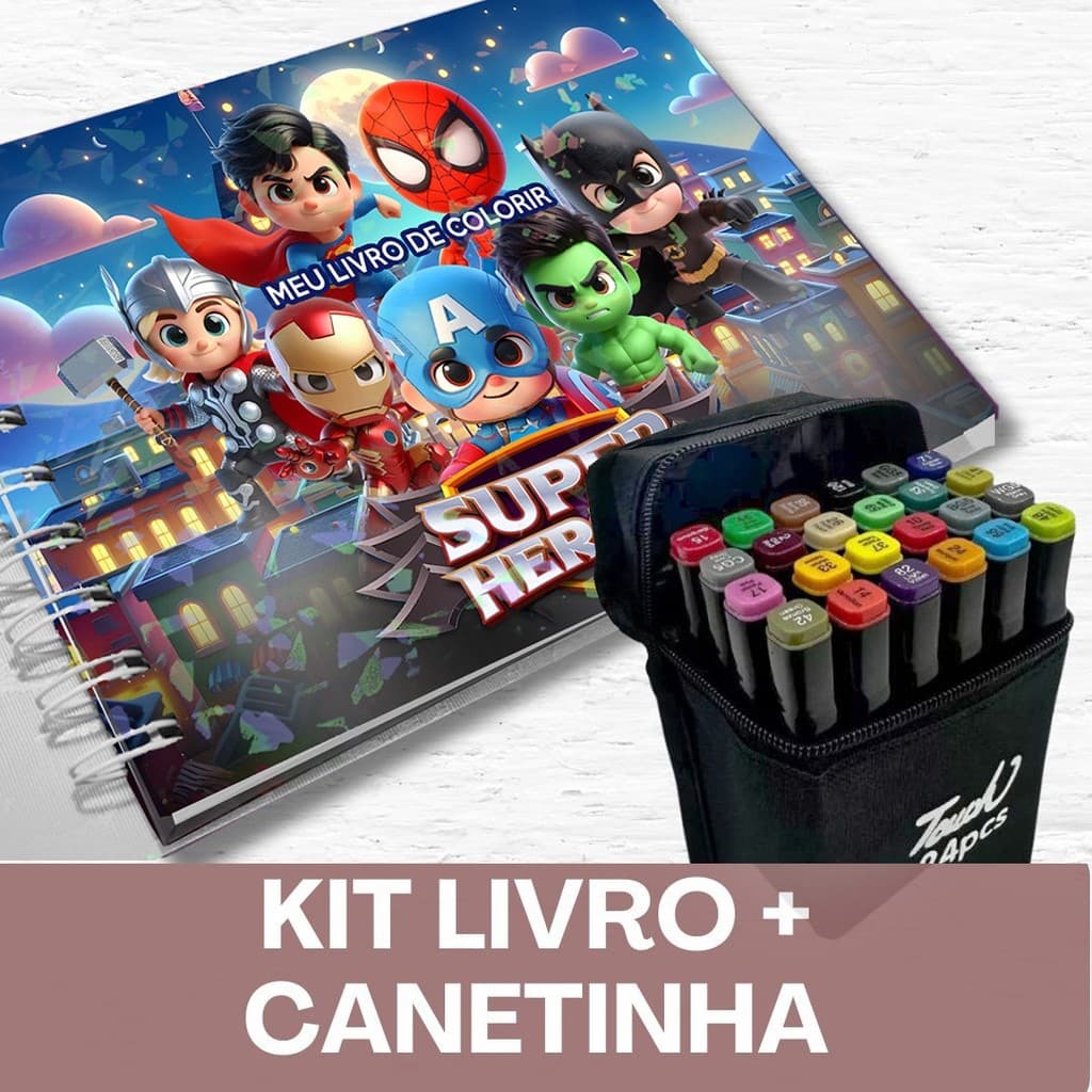 Super-Heróis Cute – Livro de Colorir+ Canetinhas / 50 Folhas / Capa Holográfica