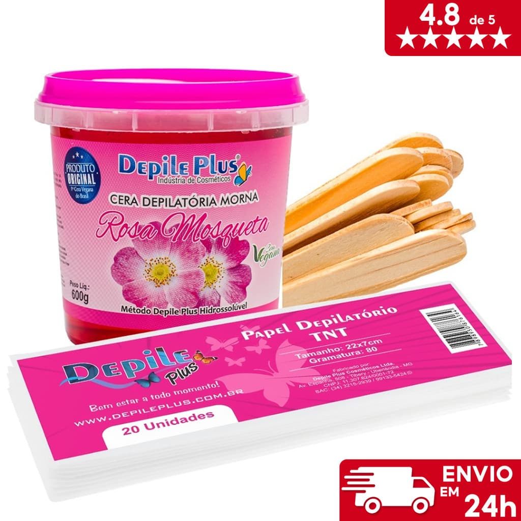 Kit Cera Depilatoria Hidrossoluvel 600g + Espátula Larga 15 Unidades + Papel Depilatorio 20 Unidades