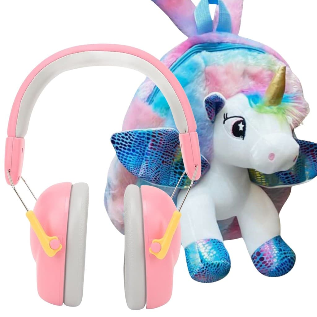 Kit Abafador Ruído Infantil Rosa + Mochila Unicórnio 3D TEA Proteção Auditiva Sensorial Ajuste Confortável Redução Sons