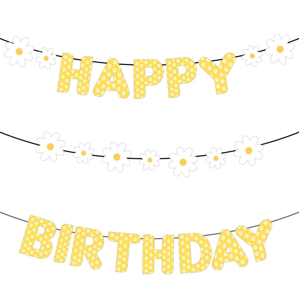 Bandeirola Happy Birthday Margaridas Festa Minimalista Boho chic Floral Margarida