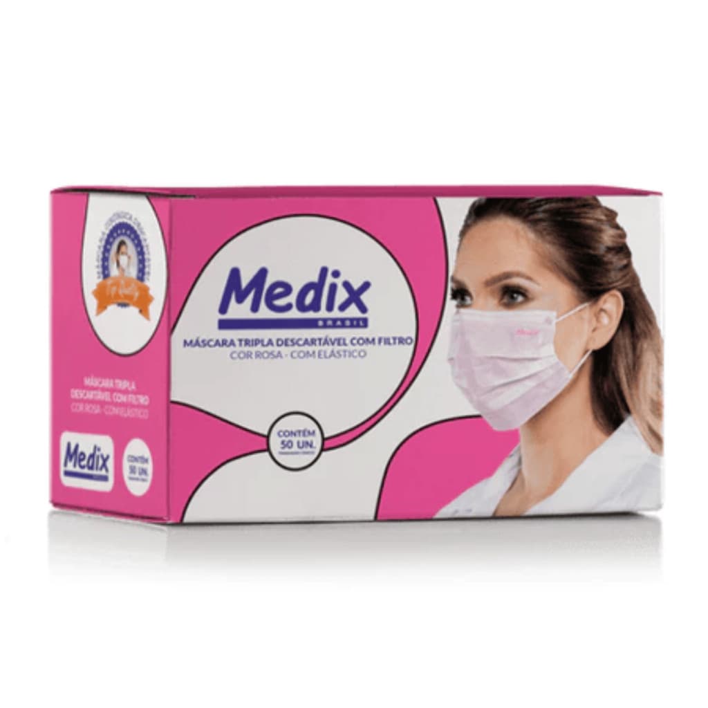 Máscara Descartável Tripla Camada Rosa com Elástico – Caixa 50 Unidades
