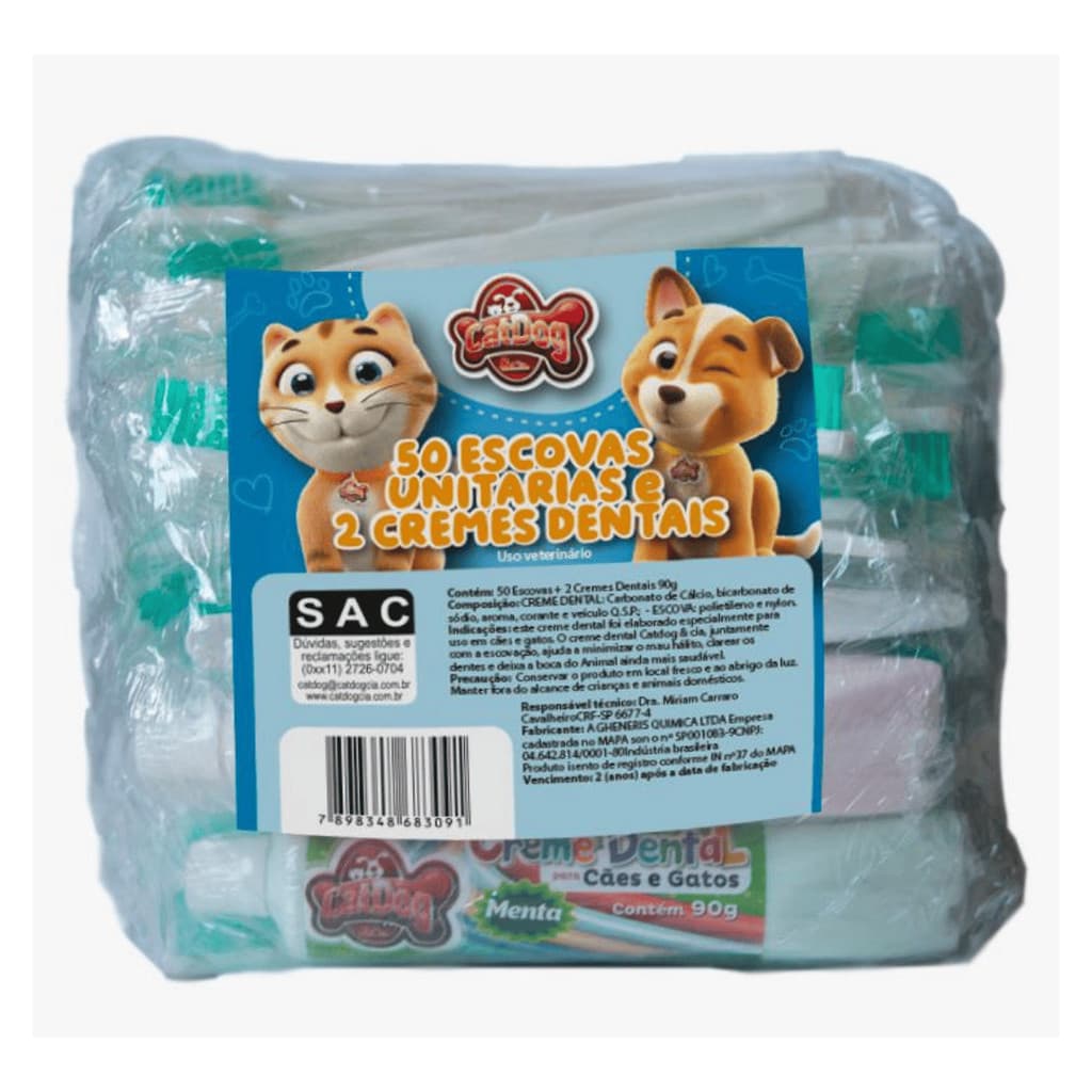 Kit Dental Pet com 50 Escovas + 2 Cremes Dentais 90g CatDog para Cachorro e Gato Pet Shop