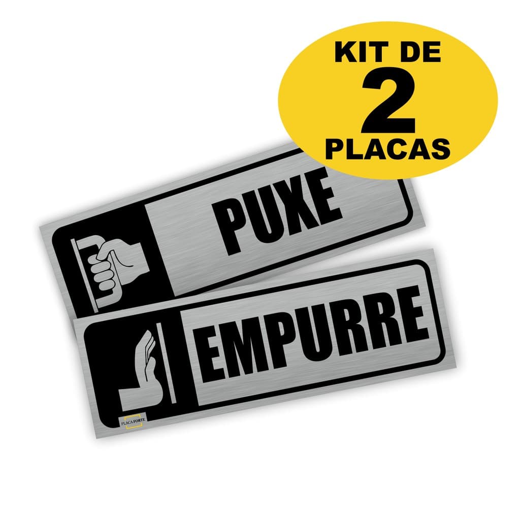 Placa de Sinalização Empurre e Puxe 30x10cm Adesivo Aço Escovado PS 1mm
