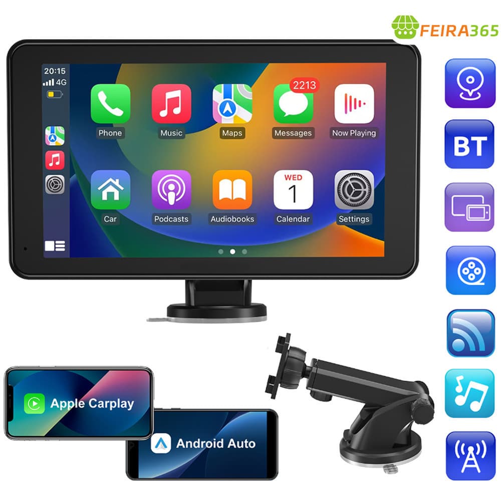 Android Auto 7 Polegadas Portátil Android Carplay Rádio Carro FHD IPS Tela De Toque Espelho Link Bluetooth FM