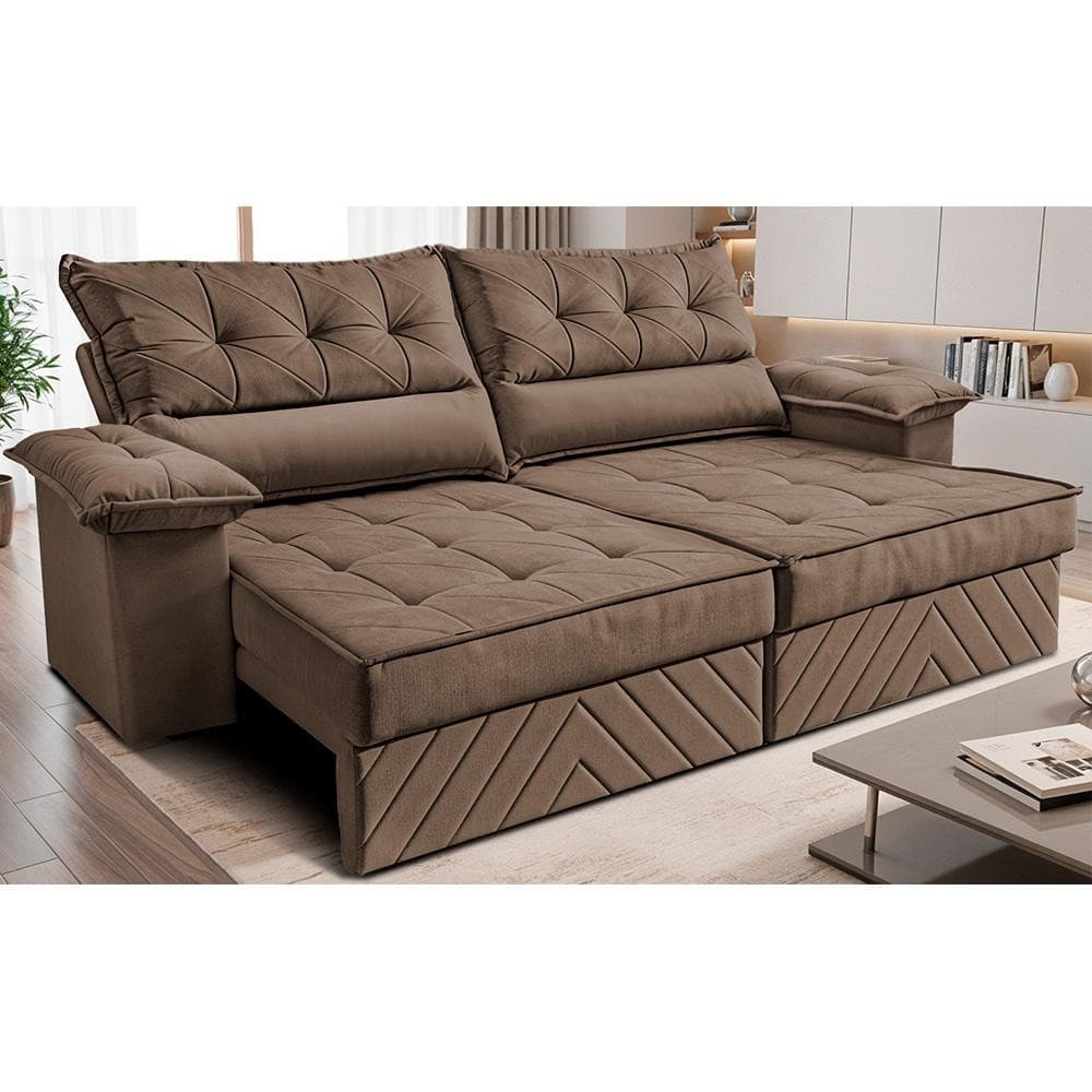Sofá Retrátil e Reclinável 2,40m com Molas e Espuma D33 Thunder Velusoft Castor Cama inBox
