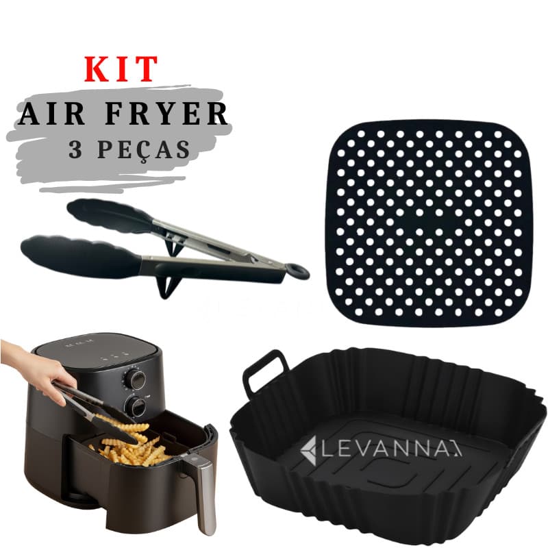 Kit forma quadrada silicone air fryer 21cm grande + tapete antiaderente + pegador reutilizável