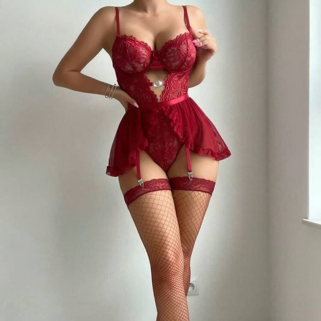 Europeu americano novo estilo sexy francês transparente roupa interior renda malha saia sexy de uma peça Plus Size pijam