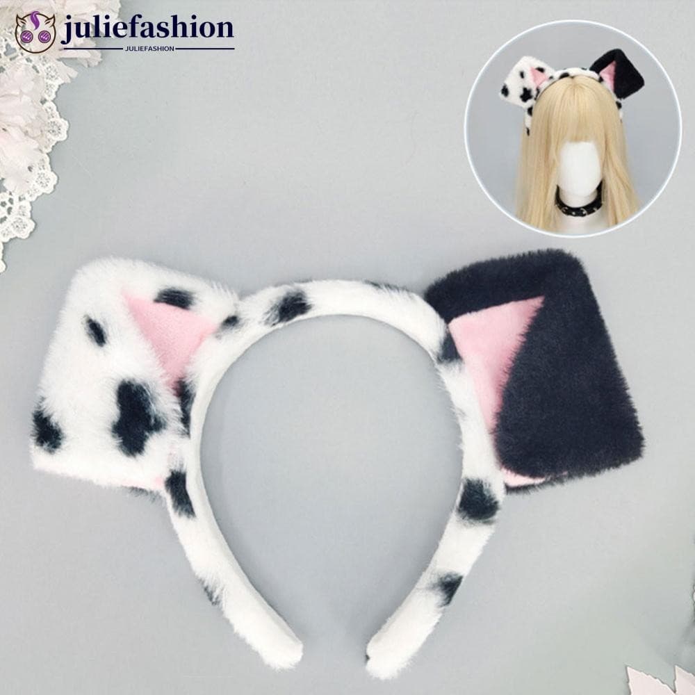 JULIEFASHION Faixas De Cabelo De Orelha De Pelúcia Fofas Para Cães Dálmatas Spa Tiara Orelhas De Animais Realistas Adere