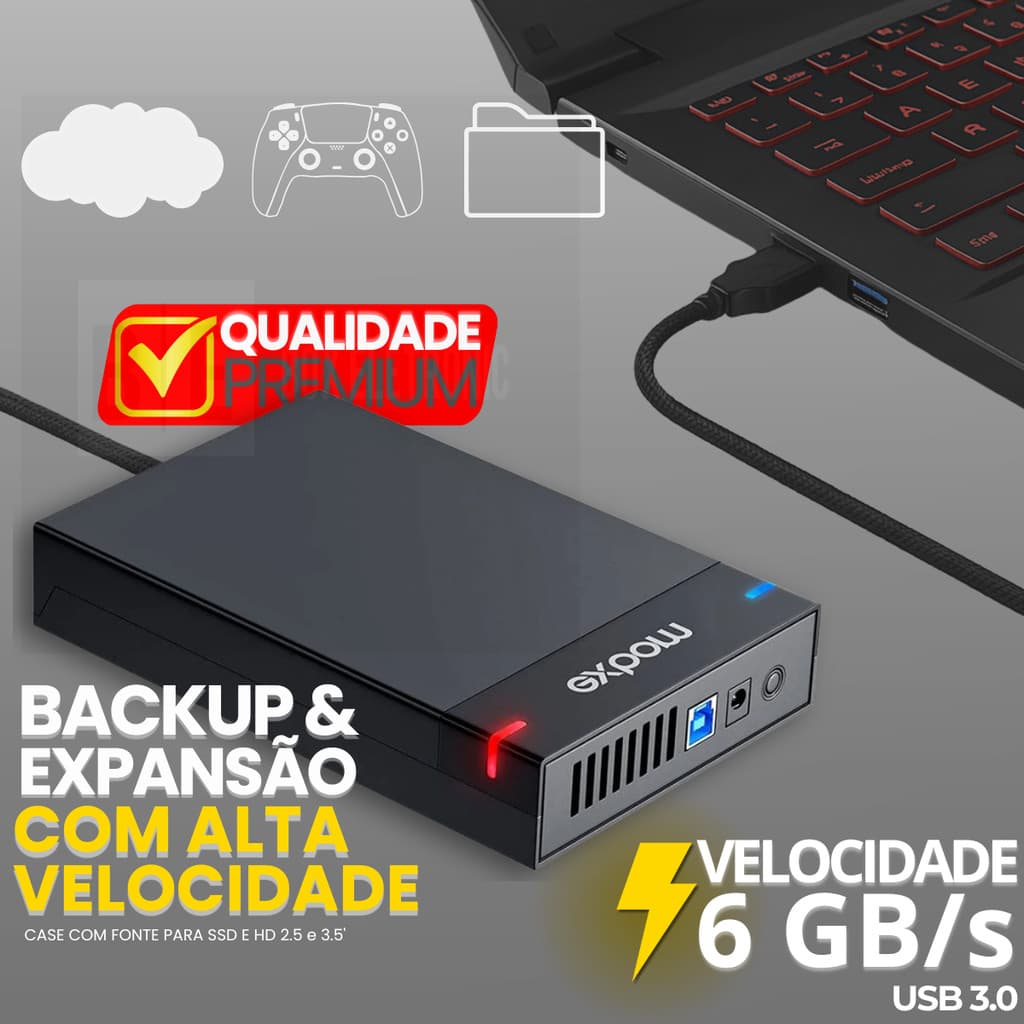 Case Externo HD SSD 2.5 e 3.5 SATA com Fonte USB 3.0 LED para PC Notebook
