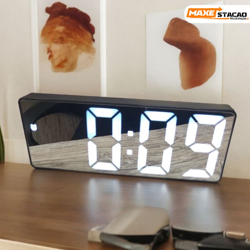 Relógio Despertador Digital Preto com Sensor de Temperatura e Alarme