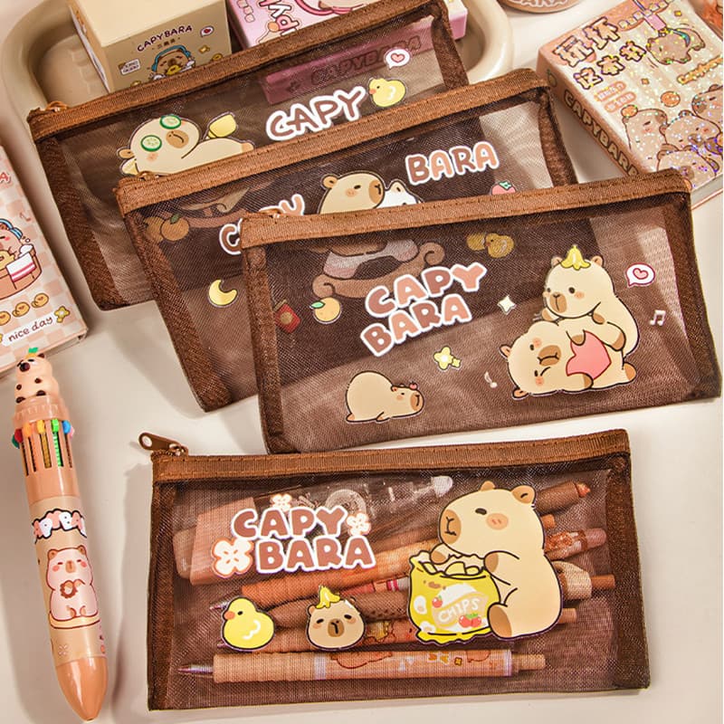 Bolsa De Lápis De Capivara De Desenho Animado Portátil De Grande Capacidade Estojo Com Padrão De Malha Transparente Para