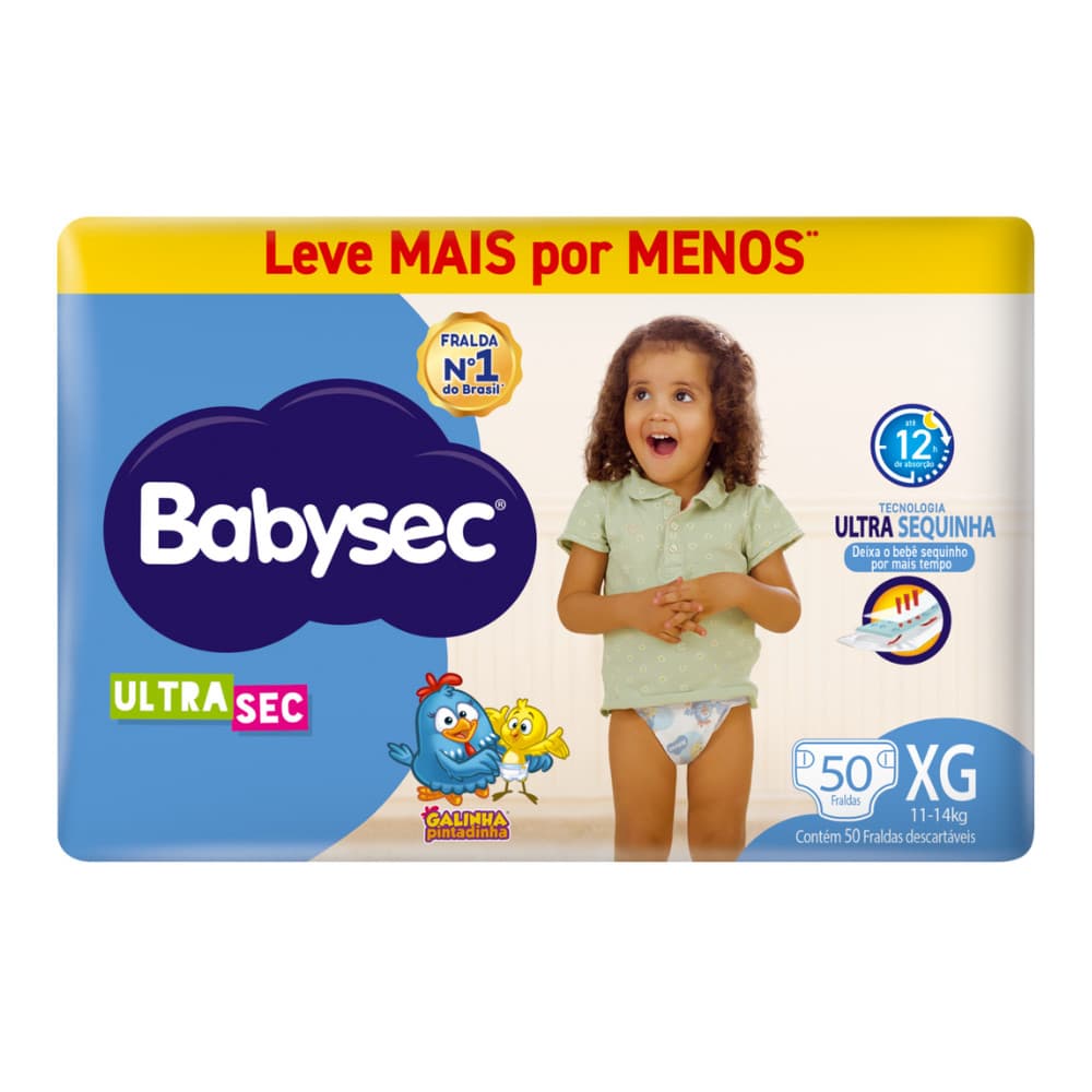 1 Pacote de Fralda BabySec Leve Mais Pague Menos Ultrasec Galinha Pintadinha Hiper XG c/50un