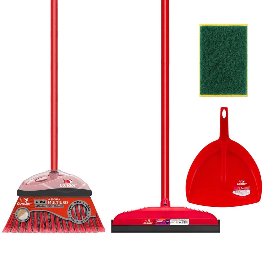 Kit Limpeza 1 Vassoura Varre Fácil 1 Pá De Lixo 1 Rodo 30cm 1 Esponja Com Cabo Condor