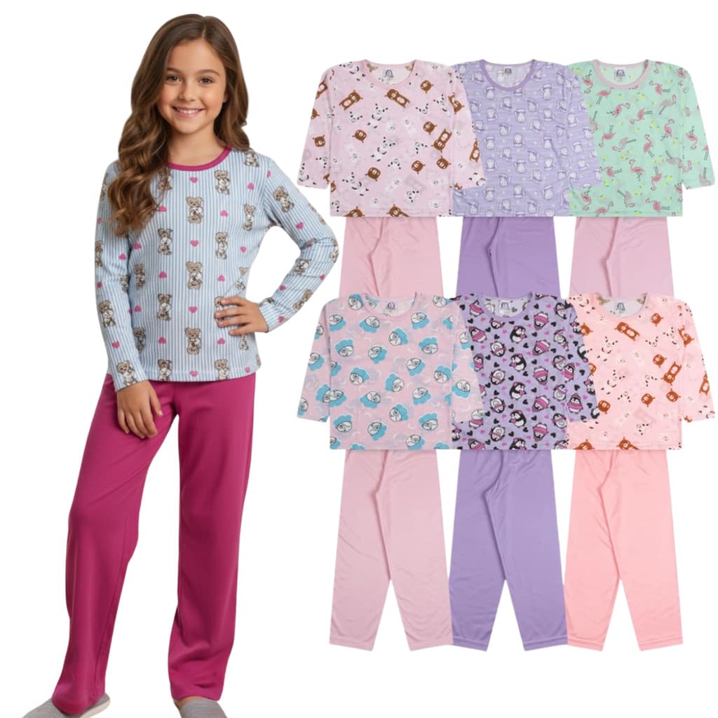 Kit Pijama Infantil Menina | Roupa de Dormi Inverno | Pijama Confortável Comprido Tamanho 02 ao 16 anos