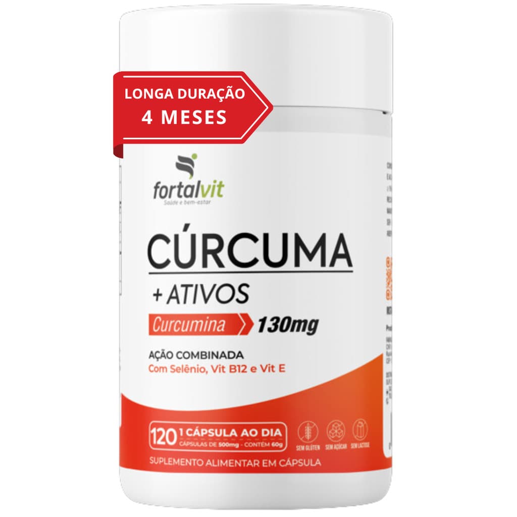 Cúrcuma +Ativos Longa Duração: 4 Meses de Uso, Curcumina, Vitamina E, Selênio e B12, 120 Cápsulas, Fortalvit