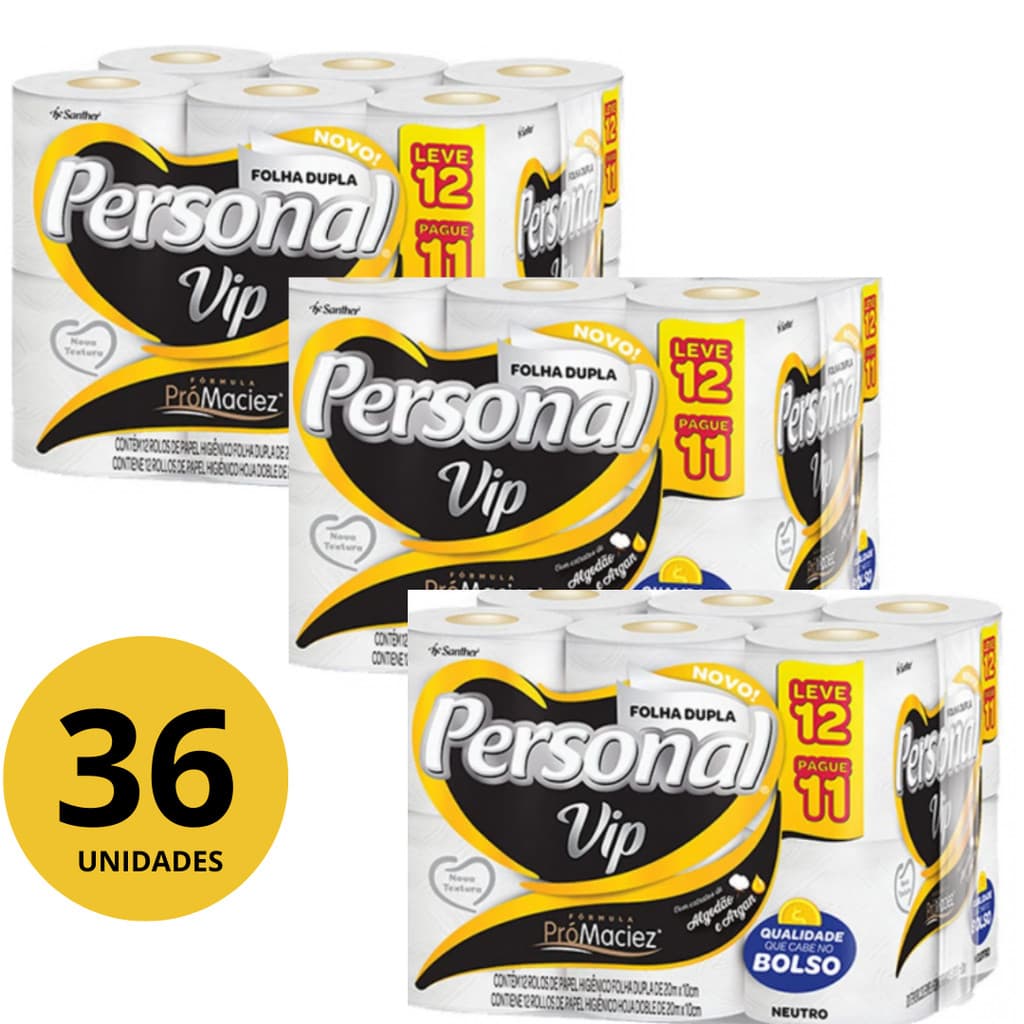 PACOTE Papel Higiênico Personal VIP Folha Dupla Neutro 20m C/12 Rolos