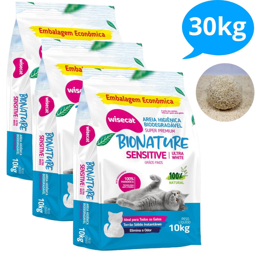 Kit 3 Areia Sanitária De Mandioca Grãos Finos Para Gatos Biodegradável Wisecat 30kg