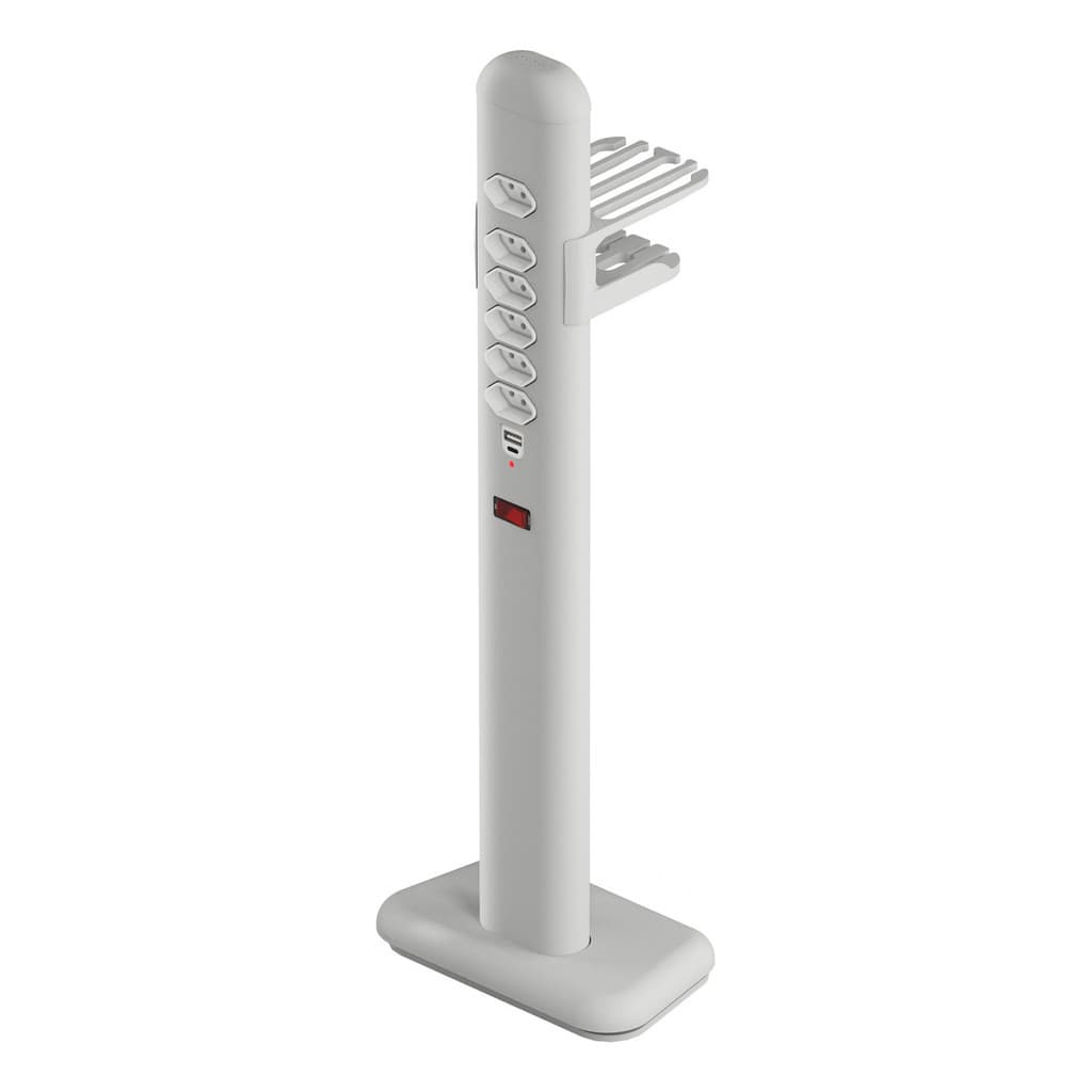 Totem Extensão Elétrica Com 6 Tomadas 1 Usb + 1 Usb-c Prata , Titanium e Preto