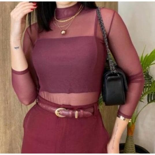 Body Tule de Gola Alta e manga Longa diversas cores