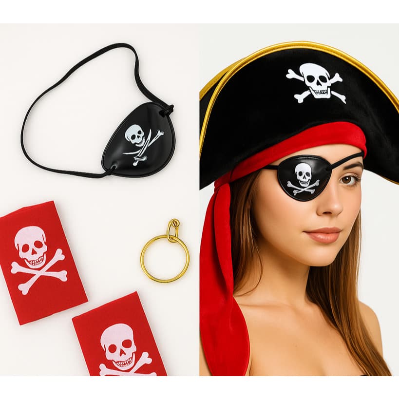 Kit Pirata 4  Pçs  Chapéu  Brinco Tapa Olho Bandana Halloween Carnaval