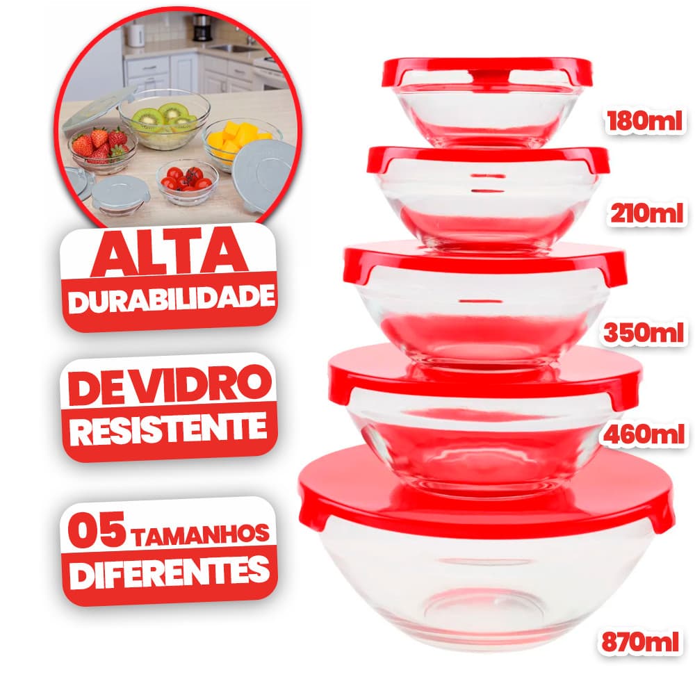 Kit 5 Potes de Vidro com Tampa | Freezer Micro-ondas | Alta Durabilidade l Marmita l Resistente