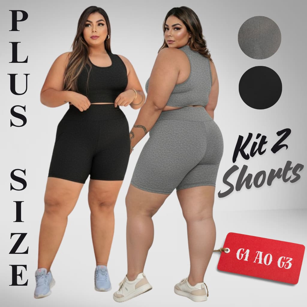 Kit 2 Shorts Legging Feminino Fitness Academia Em Suplex Plus Size Meia Coxa Liso Curve